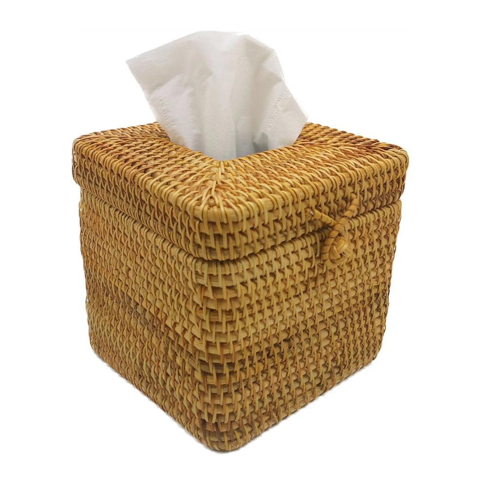 amololo Decorative Square Rattan Tissue Box and Condiment Organizer,6"x6" Napkin Paper Holder with Storage Box for Dinning Table, Resturant and Home,Brown