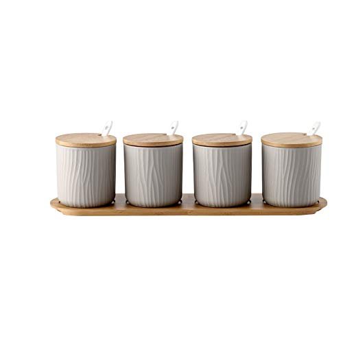 qiuqiu Spice Jar, Ceramic Spice Box Combination, Spice Pots with Lid, Spoon, Wooden Serving Tray for Home Kitchen 9.5 X 28.5 Cm-B||4 Set