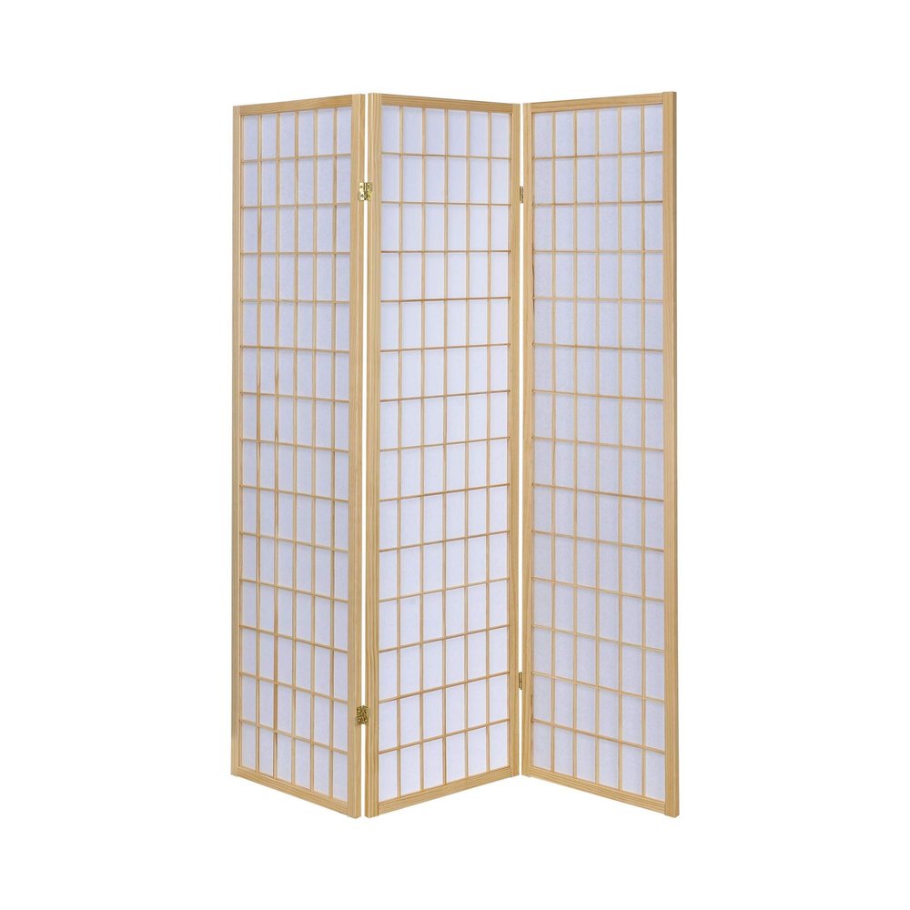 Benjara 3 Panel Foldable Wooden Frame Room Divider with Grid Design, Brown