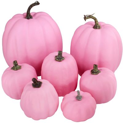 Winlyn 7 Pcs Assorted Sizes Fall Artificial Pink Pumpkins Harvest Faux Foam Pumpkins for Fall Autumn Season Halloween Thanksgiving Harvest Holiday Season Festive Tabletop Decoration