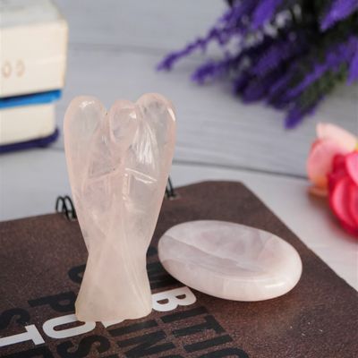 Crocon Rose Quartz Gemstone Peace Pocket Angel with Palm Worry Thumb Stone Guardian Carved Mini Healing Statue Energy Generator Prayer Gift Good Luck Decor