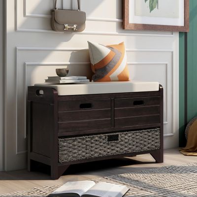 SOFTSEA Storage Bench Upholstered Storage Ottoman with Removable Basket and 2 Drawers, Farmhouse Shoe Bench with Seat Cushion, Full Assembled, Espresso