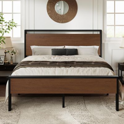 Allewie Queen Size Platform Bed Frame with Wooden Headboard and Footboard, Heavy Duty 12 Metal Slats Support, No Box Spring Needed, Under-Bed Storage, Noise Free, Easy Assembly, Walnut