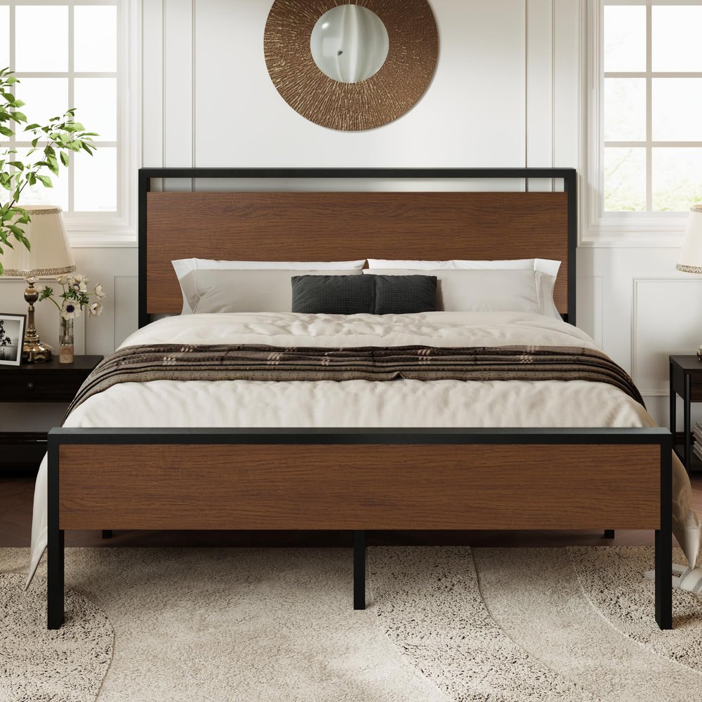 Allewie Queen Size Platform Bed Frame with Wooden Headboard and Footboard, Heavy Duty 12 Metal Slats Support, No Box Spring Needed, Under-Bed Storage, Noise Free, Easy Assembly, Walnut