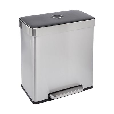 Amazon Basics Dual Compartment Recycling Trash Can with Soft-Close Lid and Removable Liner Buckets, 60 Liters, Rectangular, Grey, Silver