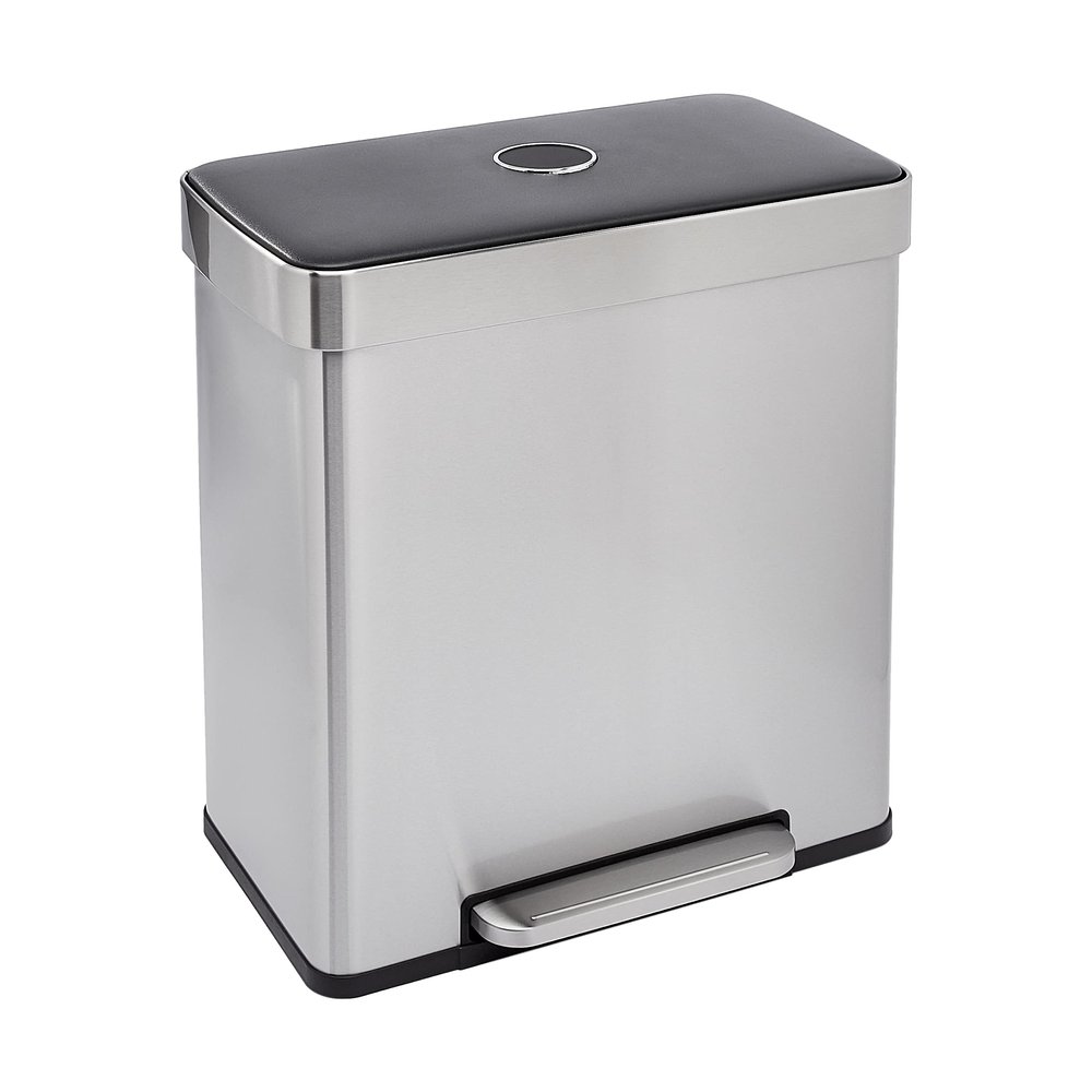 Amazon Basics Dual Compartment Recycling Trash Can with Soft-Close Lid and Removable Liner Buckets, 60 Liters, Rectangular, Grey, Silver