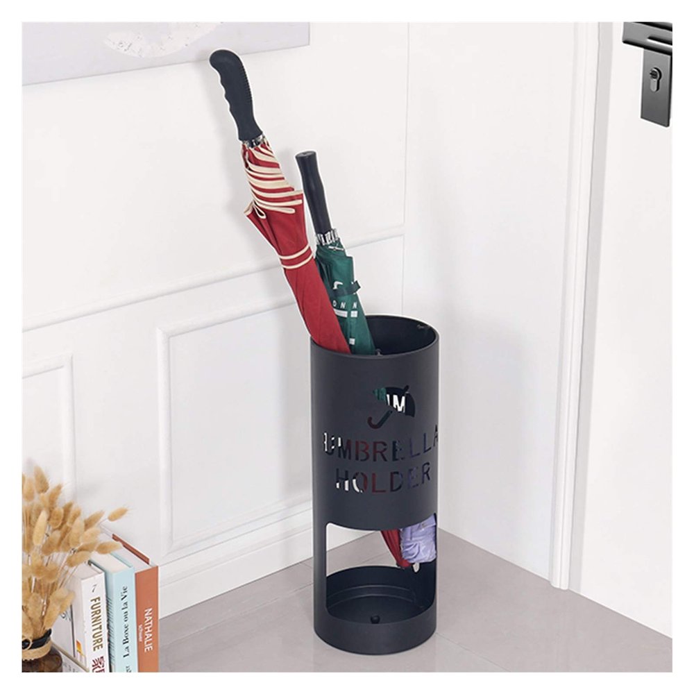 Umbrella Racks Black Wrought Iron Umbrella Stand Umbrella Holder, Space-Saving Large-Capacity Umbrella Storage Basket with 3 Hooks and Drip Tray, 50x19cm