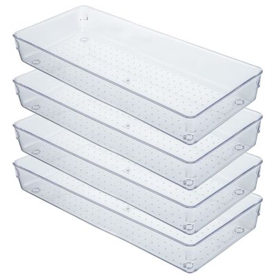 Kingrol 4-Pack Clear Drawer Organizer Bins, 15 x 6 x 2 Inch Desk & Kitchen Drawer Dividers for Utensils, Makeup, Jewelry, Office, Craft Supplies - Durable & Non-Slip Storage Containers