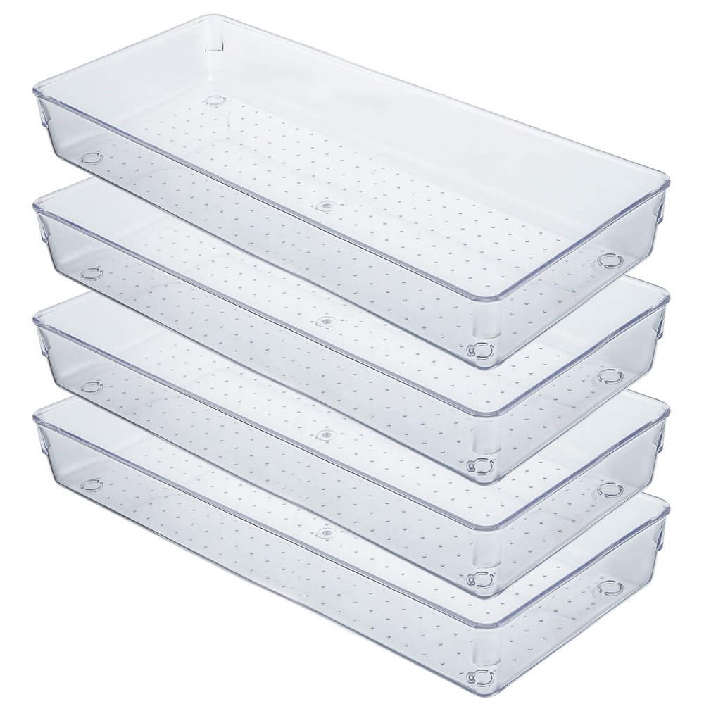 Kingrol 4-Pack Clear Drawer Organizer Bins, 15 x 6 x 2 Inch Desk & Kitchen Drawer Dividers for Utensils, Makeup, Jewelry, Office, Craft Supplies - Durable & Non-Slip Storage Containers