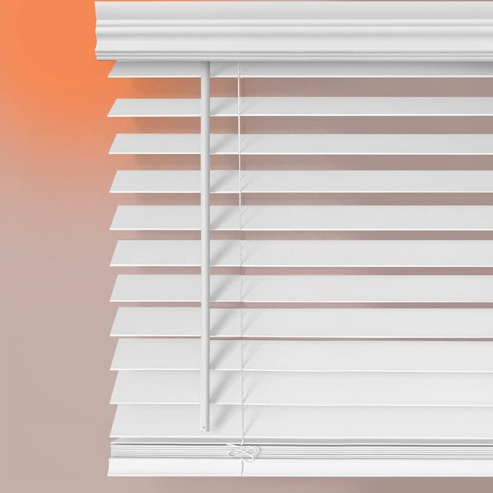 MOOD Luxe Faux Wood Blinds | 46 inch Blinds for Windows | 2" Cordless Blackout Window Treatment | Luxe White | 46 Wide x 60 Tall