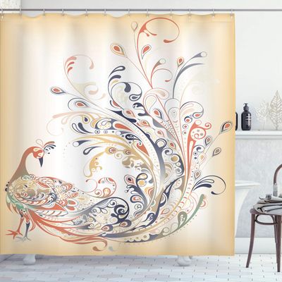 Ambesonne Abstract Shower Curtain, Peacock Bird Tail Feathers Plume Paisley Pattern Ornamental Design, Cloth Fabric Bathroom Decor Set with Hooks, 69" W x 84" L, Burnt Sienna