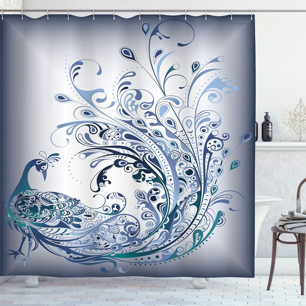 Ambesonne Abstract Shower Curtain, Peacock Bird Tail Feathers Plume Paisley Pattern Ornamental Design, Cloth Fabric Bathroom Decor Set with Hooks, 69" W x 84" L, Pale Ceil