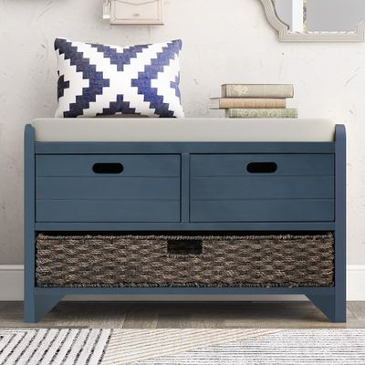 P PURLOVE Wood Storage Bench with Removable Basket and 2 Drawer,Fully Assembled Entryway Storage Bench Shoe Bench with Removable Cushion for Hallway Entryway Living Room