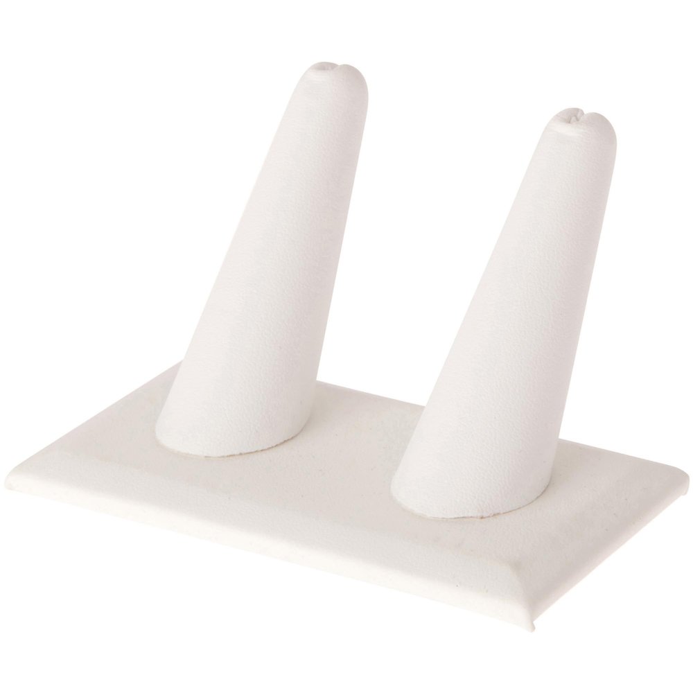 Plymor White Faux Leather Ring Finger Display, Double on Rectangular Base, 3.625" W x 2.125" D x 2.25" H