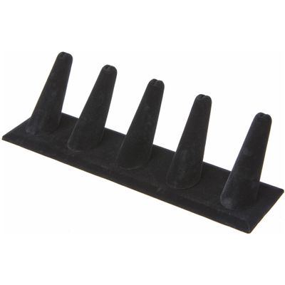 Plymor Black Velvet Ring Finger Display, Five on Rectangular Base, 8" W x 2.125" D x 2.5" H (Pack of 6)