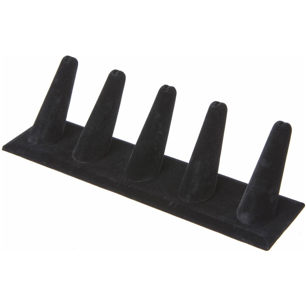 Plymor Black Velvet Ring Finger Display, Five on Rectangular Base, 8" W x 2.125" D x 2.5" H (Pack of 12)