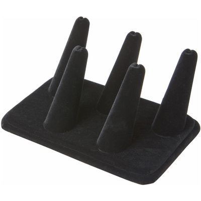 Plymor Black Velvet Ring Finger Display, Five on Rectangular Base, 5.25" W x 3.625" D x 2.25" H (Pack of 6)