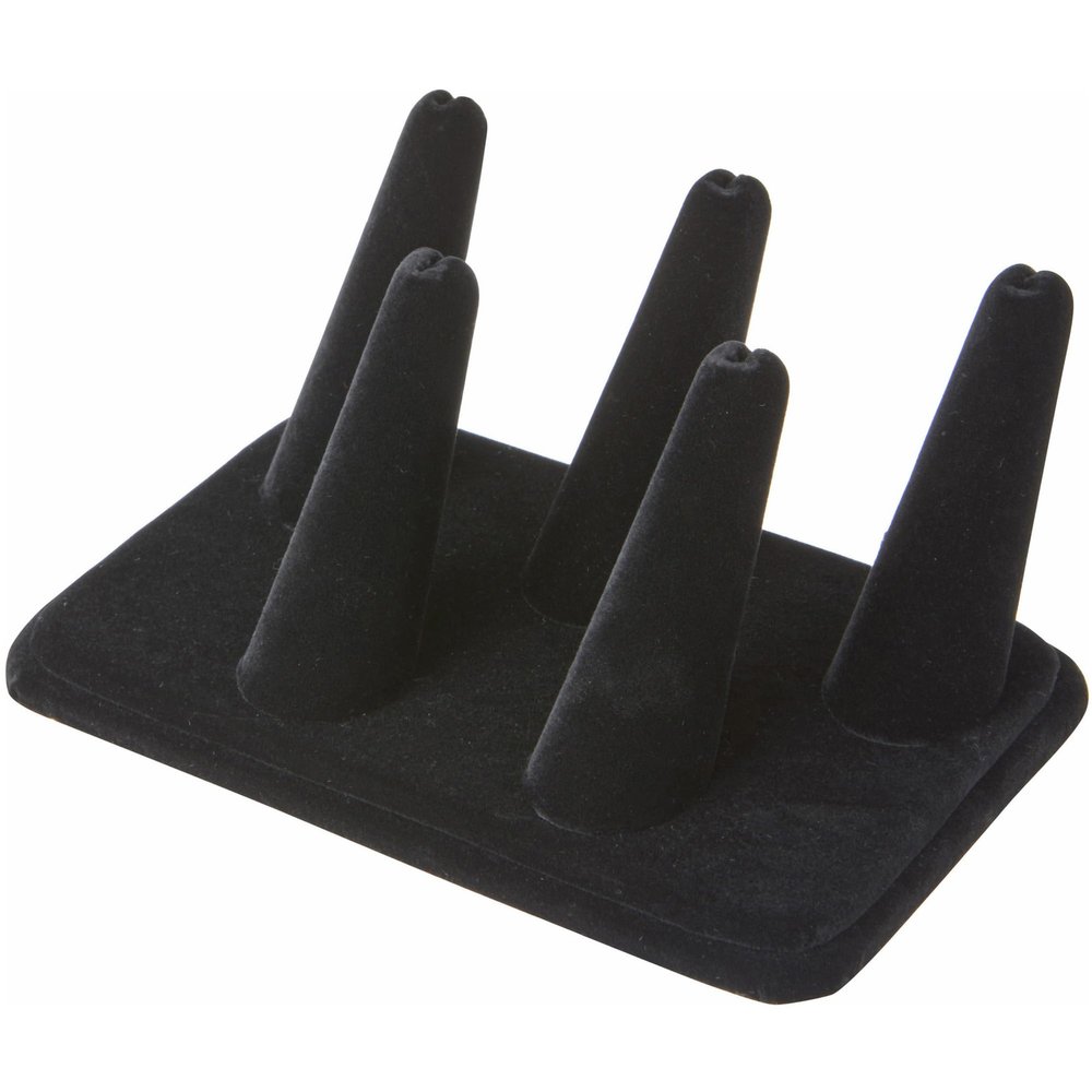 Plymor Black Velvet Ring Finger Display, Five on Rectangular Base, 5.25" W x 3.625" D x 2.25" H (Pack of 6)