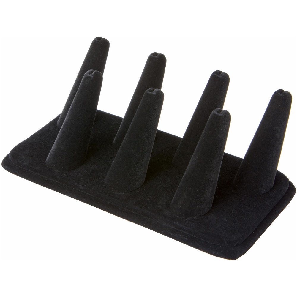 Plymor Black Velvet Ring Finger Display, Seven on Rectangular Base, 6.75" W x 3.5" D x 2.25" H (Pack of 6)