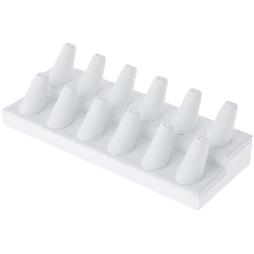 Plymor White Faux Leather 2-Tier Ring Finger Display, Twelve on Rectangular Base, 8.125" W x 3.25" D x 2.5" H (Pack of 6)