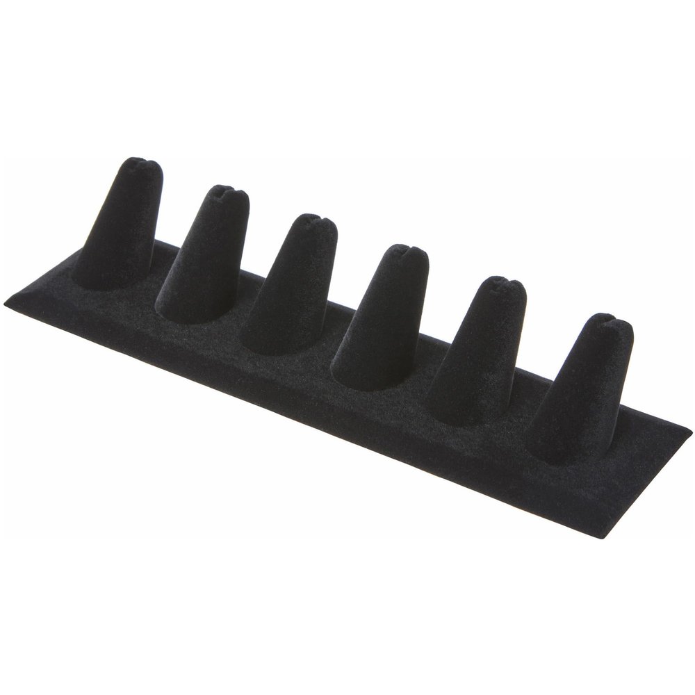 Plymor Black Velvet Ring Finger Display, Six on Rectangular Base, 7.625" W x 2.125" D x 1.625" H (Pack of 12)
