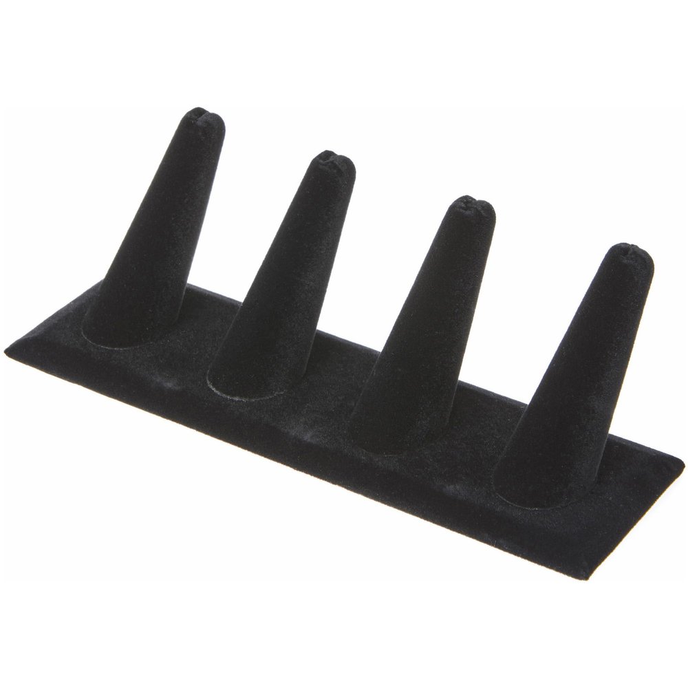 Plymor Black Velvet Ring Finger Display, Four on Rectangular Base, 6" W x 2.125" D x 2.5" H (Pack of 6)