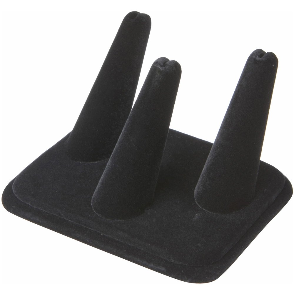 Plymor Black Velvet Ring Finger Display, Three on Rectangular Base, 4.125" W x 3.25" D x 2.25" H (Pack of 6)