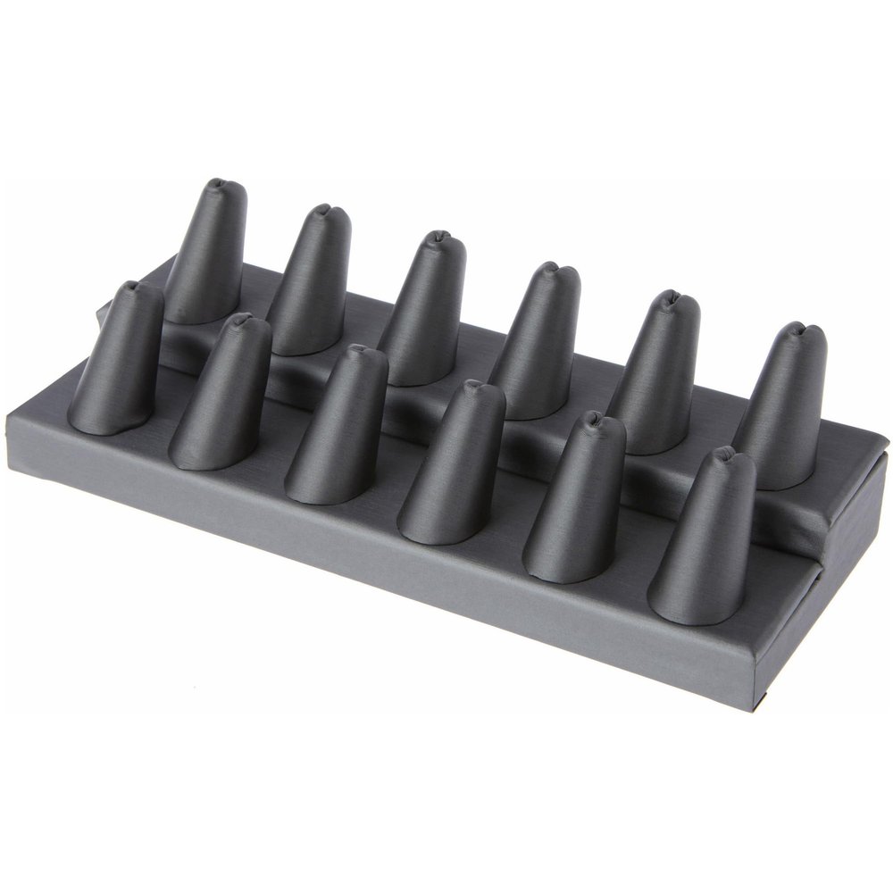Plymor Gray Faux Leather 2-Tier Ring Finger Display, Twelve on Rectangular Base, 8.125" W x 3.25" D x 2.5" H (Pack of 12)