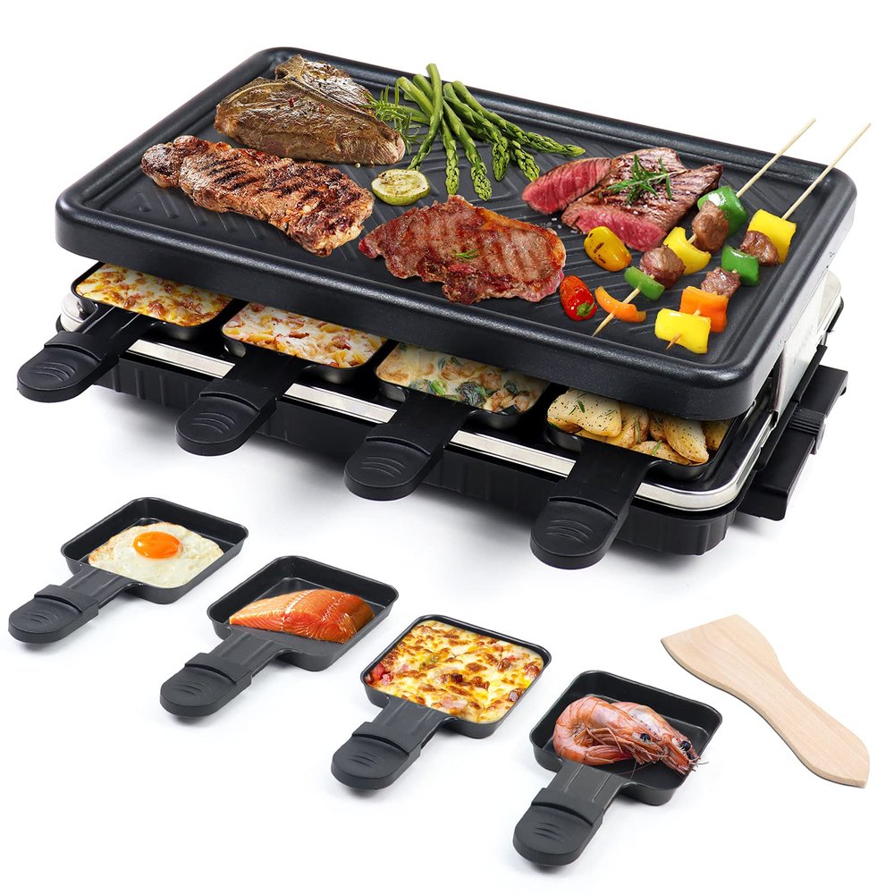 Electric Raclette Grill & Korean BBQ - 8 Non-Stick Cheese Trays, 1300W with Temperature Control, Dishwasher-Safe Indoor Grill for Family Gatherings & Interactive Dinner Parties
