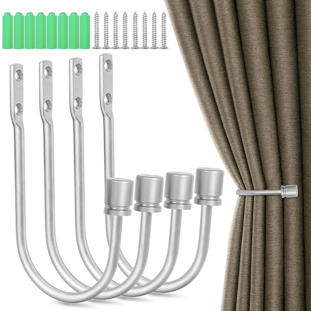 Curtain Holdbacks, 4 Pack Curtain Tiebacks for Curtains, Brushed Nickel Curtain Holders Pull Backs for Drapes Indoor Outdoor