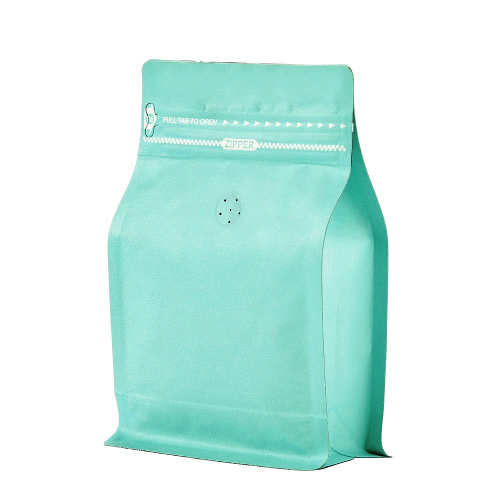 50 Count 8 Ounce Green Blue Kraft Paper Coffee Bags with Air Release Valve, High Barrier Coffee Pouches for Home, Store, Flat Bottom (50pcs/8oz, 0.5lb, 250g)