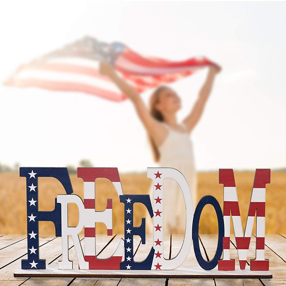 fengshuisale Patriotic Wooden Decorative Plaque 4th of July American Flag Letter Sign Independence Day Home Table Decoration (W4612-Freedom)