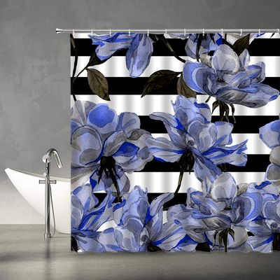 AMFD Indigo Flower Shower Curtain Black and White Striped with Roses Rustic Floral Pattern Watercolor Colorful Abstract Art Home Bathroom Decor Set Polyester Fabric Include Hooks,(67" Wx70 H)