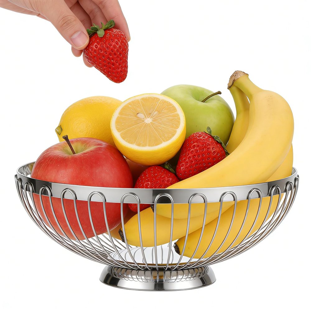 Cabilock Kitchen Multifunctional Stainless Steel Fruit and Vegetable Basket 9.44X9.44X3.85 Inch Hollow-Out Washing and Draining Storage Container for Home and Restaurant