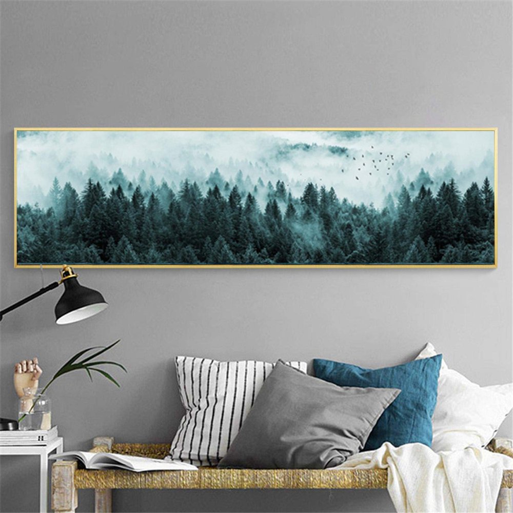 Minimalist Foggy Pine Forest Canvas Wall Art Dark Landscape Misty Trees Painting Living Room Bedroom Bedside Decor 70 * 140cm Frameless