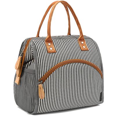 FlowFly Insulated Lunch Bag Wide-Open Lunch Box Large Tote Leakproof Cooler with Drink Holder and Multi Pockets for Women Men Adult Kids Work Picnic Travel Beach Hiking, White Black Stripes