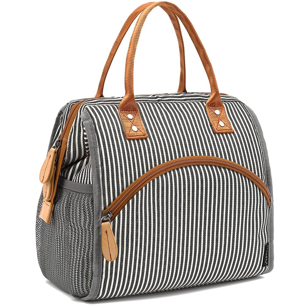FlowFly Insulated Lunch Bag Wide-Open Lunch Box Large Tote Leakproof Cooler with Drink Holder and Multi Pockets for Women Men Adult Kids Work Picnic Travel Beach Hiking, White Black Stripes