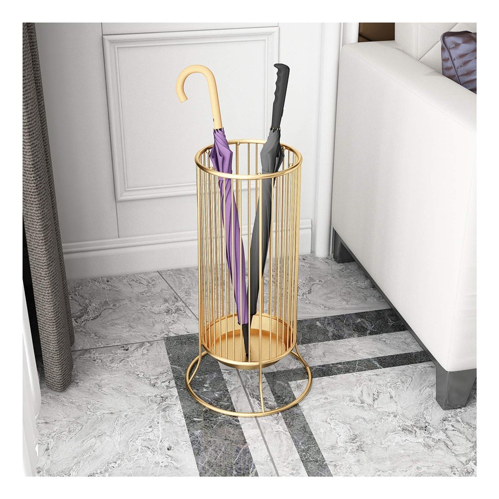 Umbrella Rack Hua Fashion Creative Umbrella Stand, Golden Metal Umbrella Bucket, with 6 Hooks and Drip Tray, Large Capacity, 2 Styles (Color : Style1)