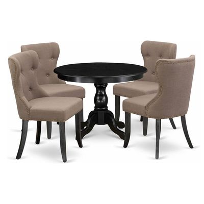 East West Furniture HBSI5-ABK-48 5 Piece Dining Room Furniture Set Includes a Round Dining Table with Pedestal and 4 Coffee Linen Fabric Upholstered Chairs, 42x42 Inch, Wirebrushed Black