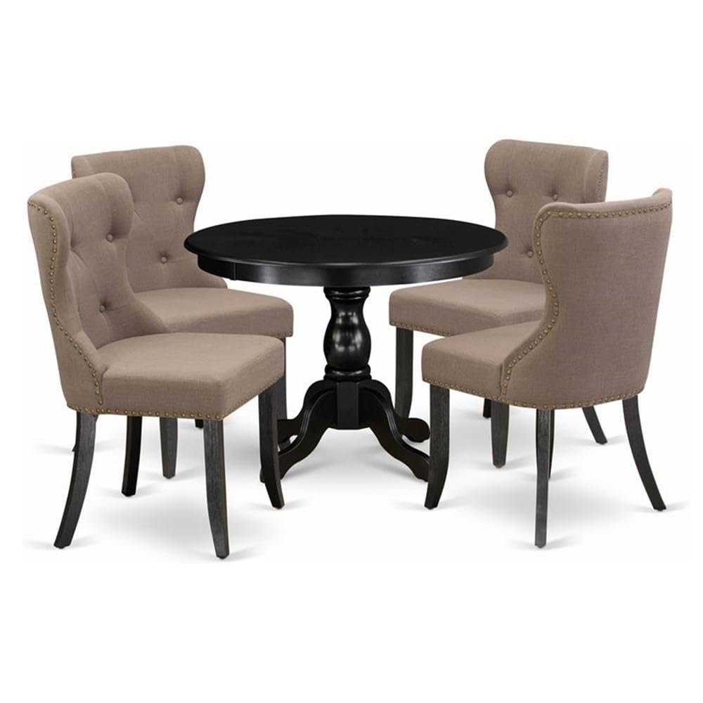 East West Furniture HBSI5-ABK-48 5 Piece Dining Room Furniture Set Includes a Round Dining Table with Pedestal and 4 Coffee Linen Fabric Upholstered Chairs, 42x42 Inch, Wirebrushed Black