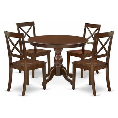 East West Furniture HBBO5-MAH-W 5 Piece Dining Set Includes a Round Dining Table with Pedestal and 4 Kitchen Chairs, 42x42 Inch, Mahogany