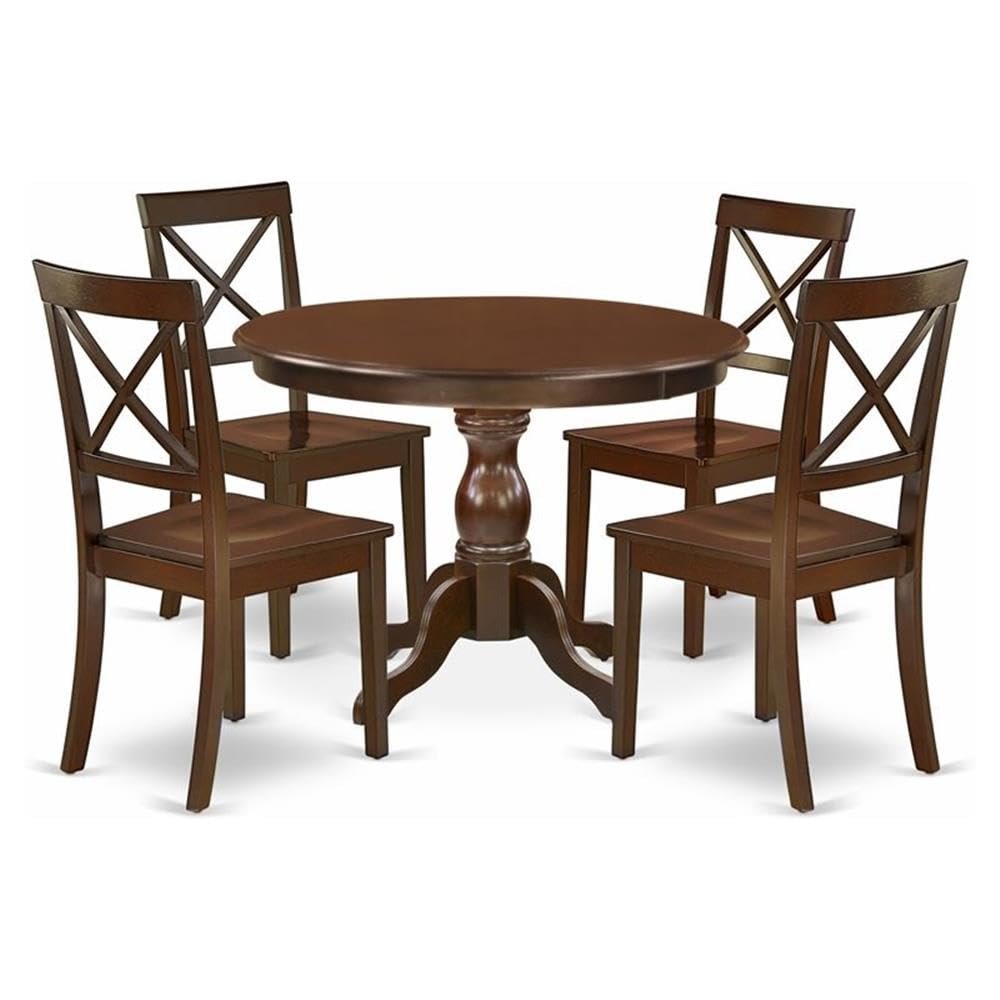 East West Furniture HBBO5-MAH-W 5 Piece Dining Set Includes a Round Dining Table with Pedestal and 4 Kitchen Chairs, 42x42 Inch, Mahogany