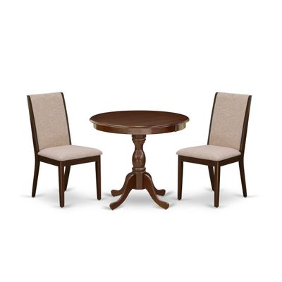 East West Furniture AMLA3-MAH-04 3 Piece Dining Set Contains a Round Dining Room Table with Pedestal and 2 Light Tan Linen Fabric Upholstered Parson Chairs, 36x36 Inch, Mahogany