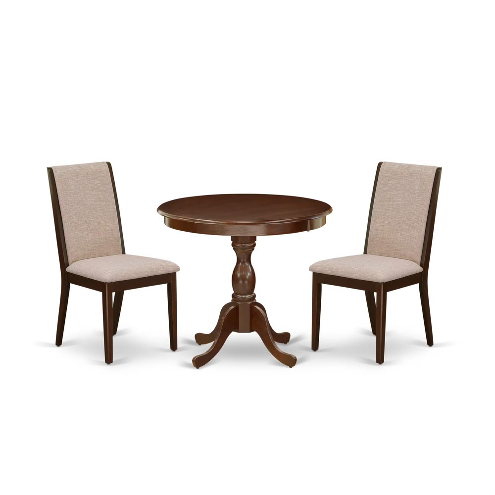 East West Furniture AMLA3-MAH-04 3 Piece Dining Set Contains a Round Dining Room Table with Pedestal and 2 Light Tan Linen Fabric Upholstered Parson Chairs, 36x36 Inch, Mahogany