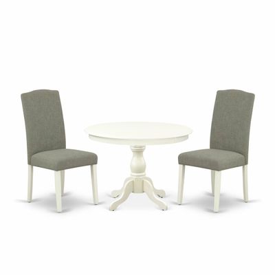 East West Furniture HBEN3-LWH-06 3 Piece Dining Table Set Contains a Round Dining Room Table with Pedestal and 2 Dark Shitake Linen Fabric Parsons Chairs, 42x42 Inch, Linen White