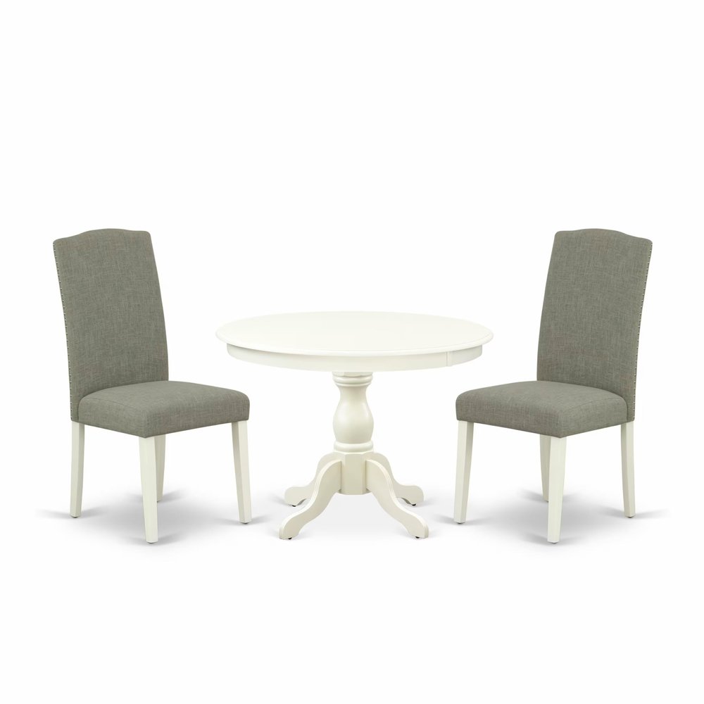 East West Furniture HBEN3-LWH-06 3 Piece Dining Table Set Contains a Round Dining Room Table with Pedestal and 2 Dark Shitake Linen Fabric Parsons Chairs, 42x42 Inch, Linen White