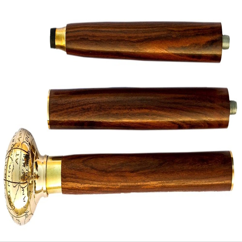 Golden & Brown 36 inch Solid Brass Nautical Wooden Cane World Globe Vintage Walking Stick Fold-able Cane for Men
