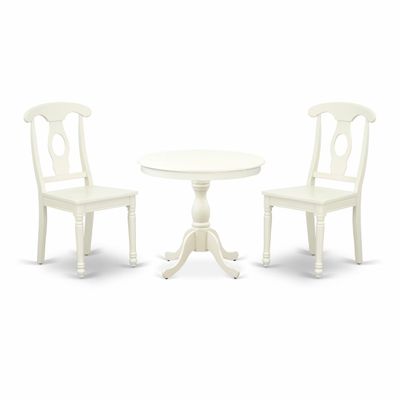 East West Furniture AMKE3-LWH-W 3 Piece Dining Table Set for Small Spaces Contains a Round Kitchen Table with Pedestal and 2 Kitchen Dining Chairs, 36x36 Inch, Linen White