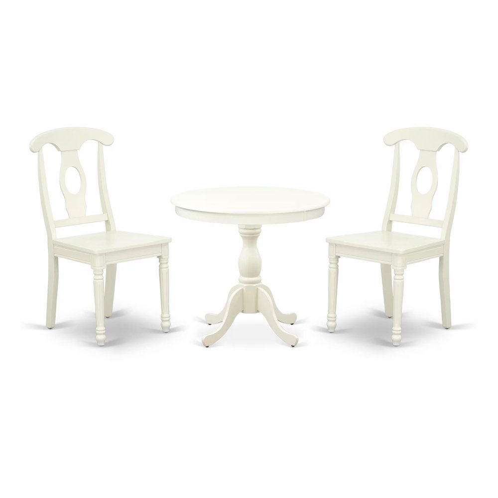 East West Furniture AMKE3-LWH-W 3 Piece Dining Table Set for Small Spaces Contains a Round Kitchen Table with Pedestal and 2 Kitchen Dining Chairs, 36x36 Inch, Linen White