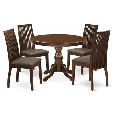East West Furniture HBIP5-MAH-C 5 Piece Dinette Set for 4 Includes a Round Dining Room Table with Pedestal and 4 Linen Fabric Upholstered Dining Chairs, 42x42 Inch, Mahogany